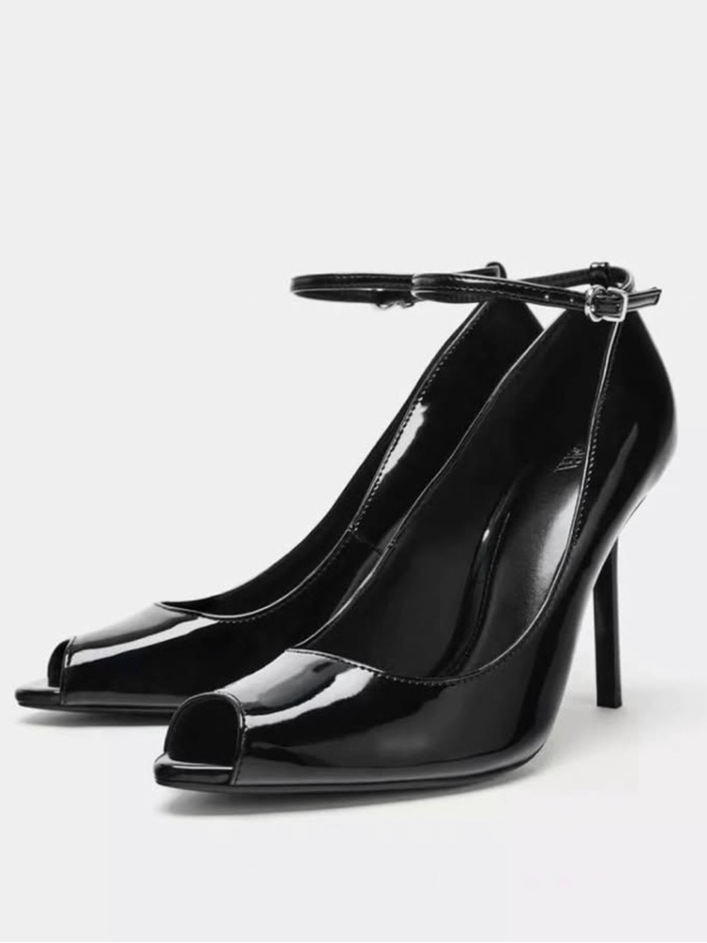 Zara Black Patent Peep-Toe Ankle-Strap Heels One Shoe Singel Pump Right Foot
